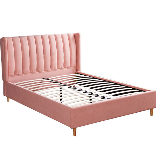Lithgow Bed Frame Velvet Base Bedhead Headboard Queen Size Wooden Platform Pink