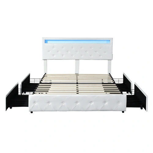 Levede Double Bed Frame RGB LED PU 4 Drawer USB