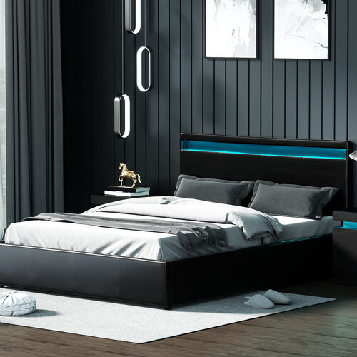 Cole LED Bed Frame PU Leather Gas Lift Storage - Black Queen