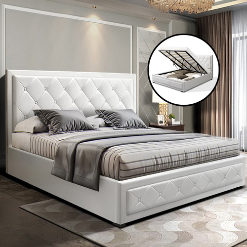 Artiss Bed Frame King Size Gas Lift Base With Storage White Leather Tiyo Collection