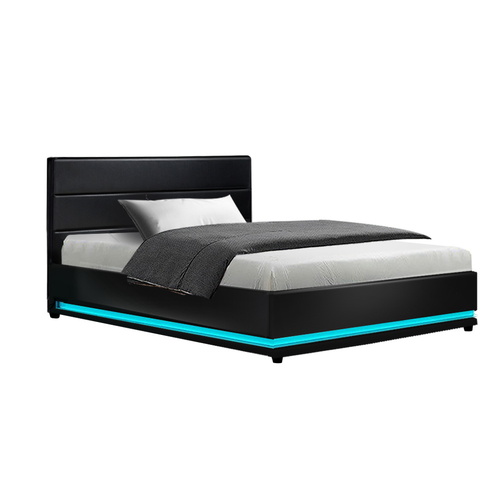 Biddon RGB LED Bed Frame King Single Size Gas Lift Base Storage Leather LUMI 