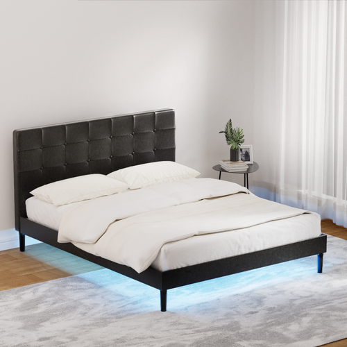 Bed Frame Queen Bed Base w LED Lights Charge Ports Black Leather RAVI
