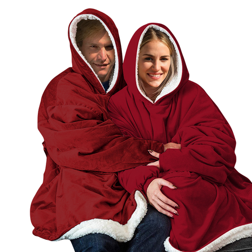 2 Pcs Plush Fleece Sherpa Hoodie Sweatshirt Huggle Blanket Pajamas Red