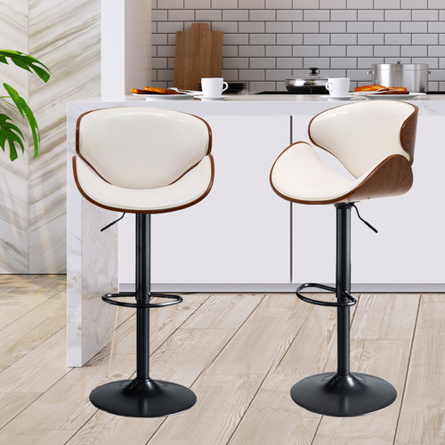 Levede 1x Kitchen Bar Stools Gas Lift Wooden Beech Stool Metal White Barstools