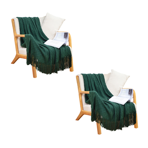 2X Green Diamond Pattern Knitted Throw Blanket Warm Cozy Woven Cover Couch Bed Sofa Home Decor with Tassels