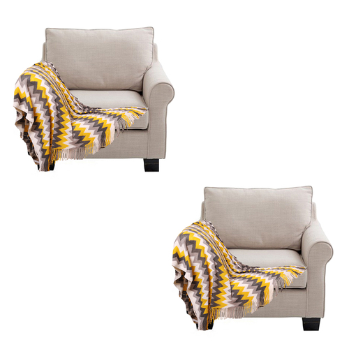 2X 170cm Yellow Zigzag Striped Throw Blanket Acrylic Wave Knitted Fringed Woven Cover Couch Bed Sofa Home Decor