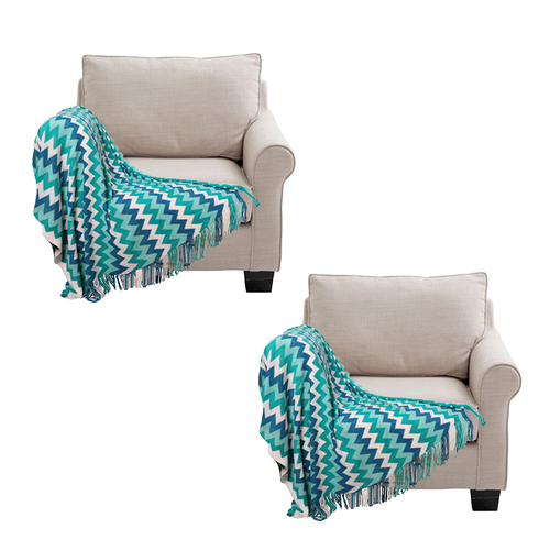 2X 220cm Blue Zigzag Striped Throw Blanket Acrylic Wave Knitted Fringed Woven Cover Couch Bed Sofa Home Decor