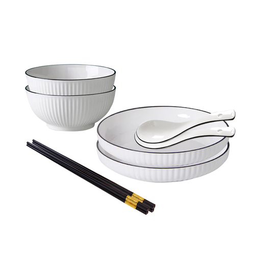 White Japanese Style Ceramic Dinnerware Crockery Soup Bowl Plate Server Kitchen Home Decor Set of 4