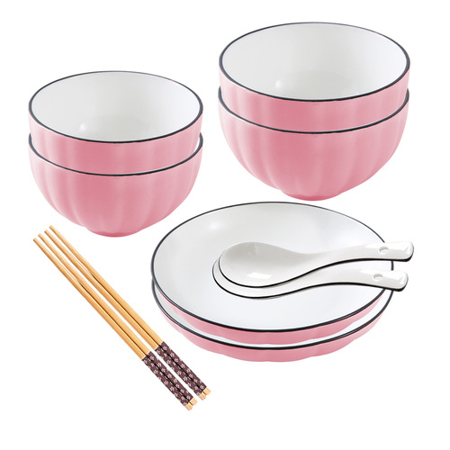 Pink Japanese Style Ceramic Dinnerware Crockery Soup Bowl Plate Server Kitchen Home Decor Set of 6