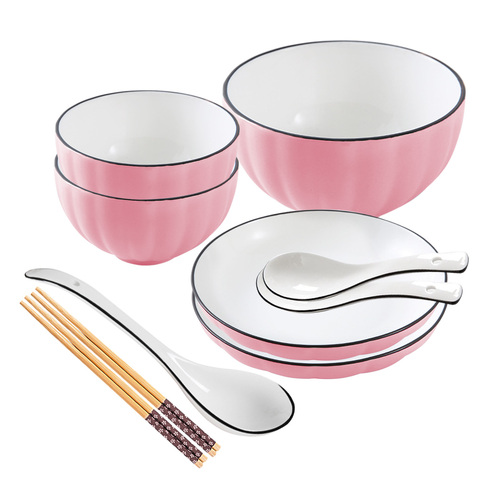 Pink Japanese Style Ceramic Dinnerware Crockery Soup Bowl Plate Server Kitchen Home Decor Set of 5