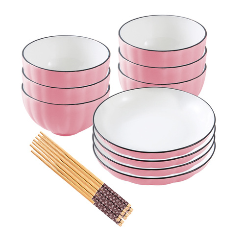 Pink Japanese Style Ceramic Dinnerware Crockery Soup Bowl Plate Server Kitchen Home Decor Set of 10