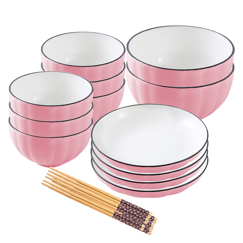 Pink Japanese Style Ceramic Dinnerware Crockery Soup Bowl Plate Server Kitchen Home Decor Set of 12