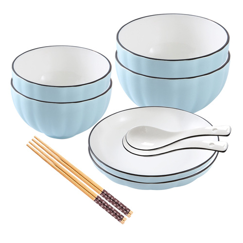 Blue Japanese Style Ceramic Dinnerware Crockery Soup Bowl Plate Server Kitchen Home Decor Set of 6
