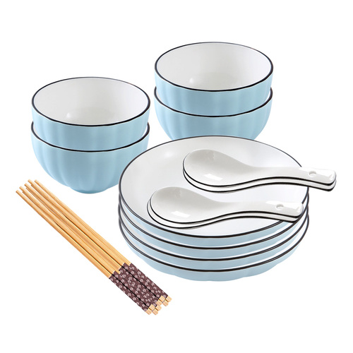 Blue Japanese Style Ceramic Dinnerware Crockery Soup Bowl Plate Server Kitchen Home Decor Set of 8