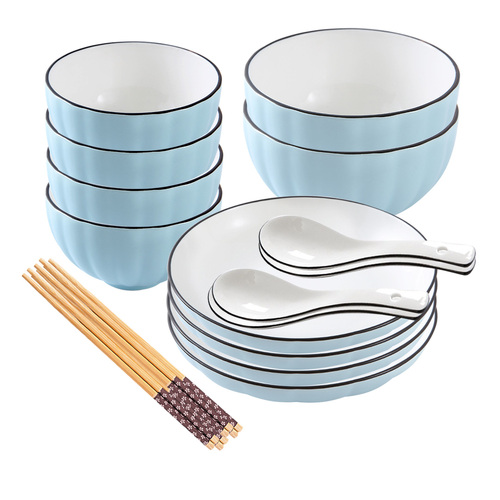 Blue Japanese Style Ceramic Dinnerware Crockery Soup Bowl Plate Server Kitchen Home Decor Set of 10