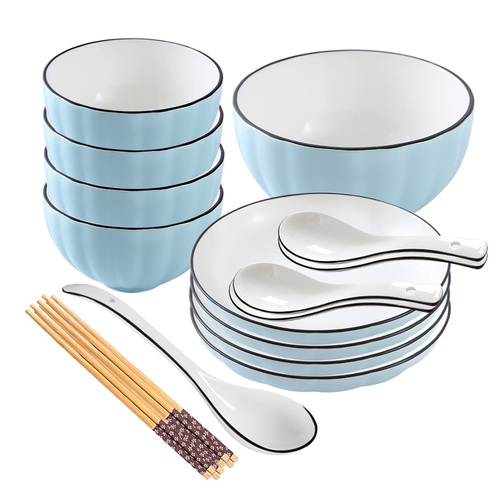 Blue Japanese Style Ceramic Dinnerware Crockery Soup Bowl Plate Server Kitchen Home Decor Set of 9