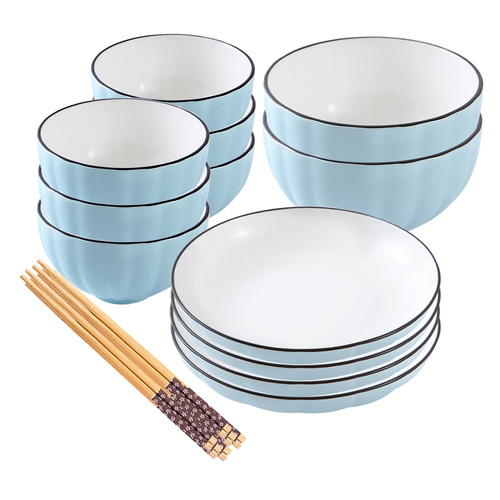 Blue Japanese Style Ceramic Dinnerware Crockery Soup Bowl Plate Server Kitchen Home Decor Set of 12