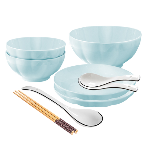 Light Blue Japanese Style Ceramic Dinnerware Crockery Soup Bowl Plate Server Kitchen Home Decor Set of 5