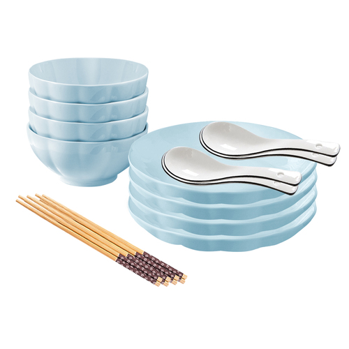 Light Blue Japanese Style Ceramic Dinnerware Crockery Soup Bowl Plate Server Kitchen Home Decor Set of 8