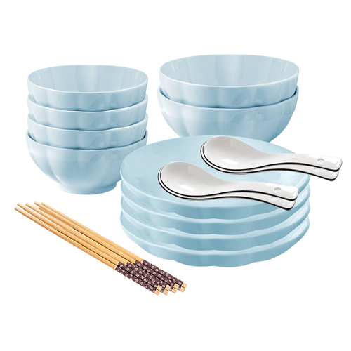 Light Blue Japanese Style Ceramic Dinnerware Crockery Soup Bowl Plate Server Kitchen Home Decor Set of 10