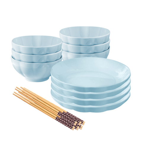 Light Blue Japanese Style Ceramic Dinnerware Crockery Soup Bowl Plate Server Kitchen Home Decor Set of 10