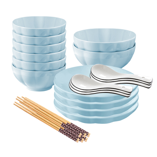 Light Blue Japanese Style Ceramic Dinnerware Crockery Soup Bowl Plate Server Kitchen Home Decor Set of 12