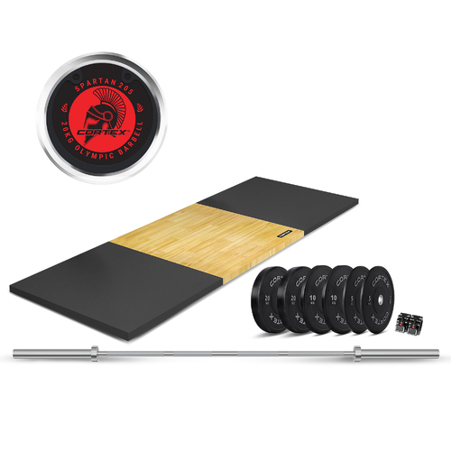 3M X 1M 50mm Weightlifting Platform with Dual Density Mats Set + 90kg Olympic V2 Weight Plates & Barbell Package
