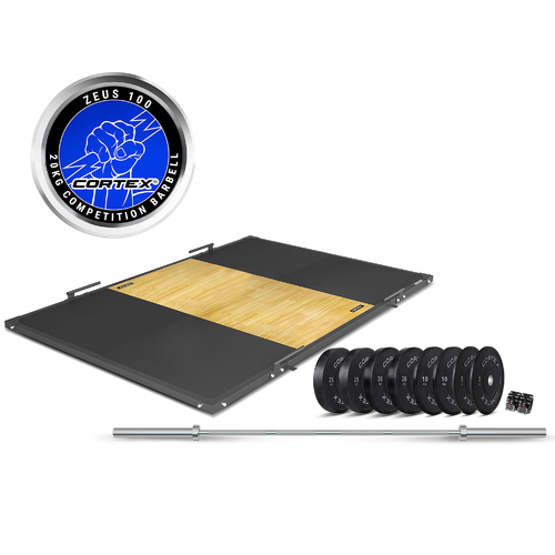 3m x 2m 50mm Weightlifting Framed Platform (Dual Density Mats) + 230kg Olympic V2 Weight Plates & Barbell Package