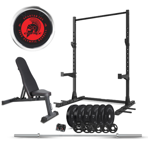 CORTEX SR3 Squat Rack & BN-6 Bench Package + 100kg Olympic V2 Weight Plates & Barbell Package