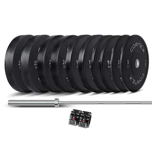 Cortex 170kg Black Series V2 Rubber Olympic Bumper Plate Set 50mm with SPARTAN205 Barbell