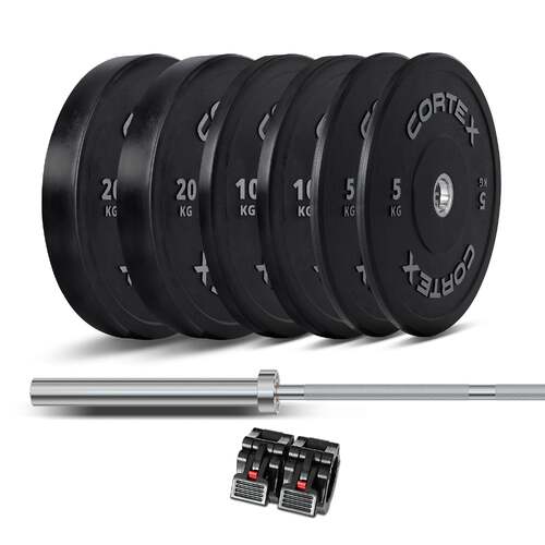 Cortex 85kg Black Series V2 Rubber Olympic Bumper Plate Set 50mm with ATHENA200 Barbell