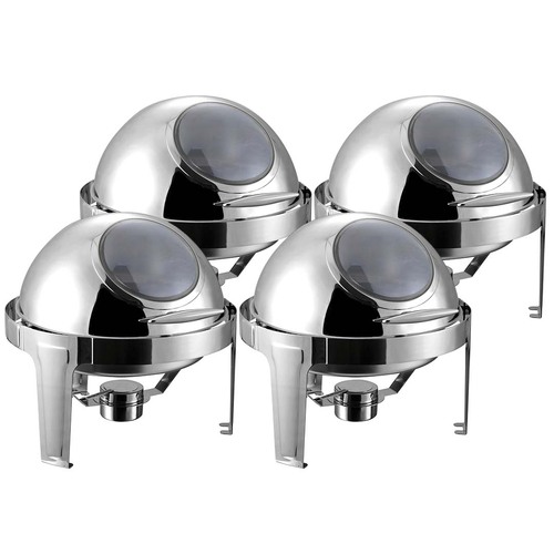 4X 6L Round Chafing Stainless Steel Food Warmer with Glass Roll Top