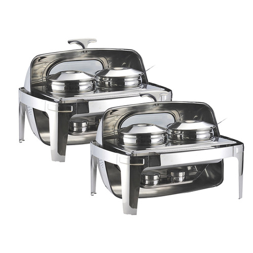2X 6.5L Stainless Steel Double Soup Tureen Bowl Station Roll Top Buffet Chafing Dish Catering Chafer Food Warmer Server