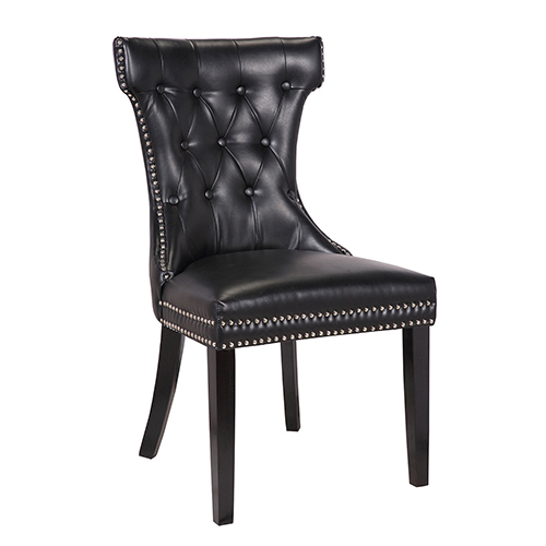 2x Dining Chair Black Leatherette Upholstery Button Studding Deep Quilting Wooden Frame Back With Lion Ring And Nail Rubber Wood Legs
