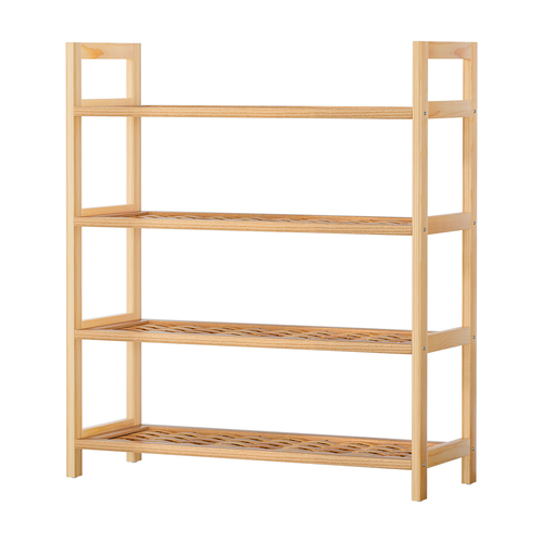 4-tier Shoe Rack 12 Pairs Shoe Storage Weaved Shelves Solid Wood Frame