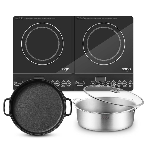Dual Burners Cooktop Stove, 30cm Cast Iron Frying Pan Skillet and 30cm Induction Casserole