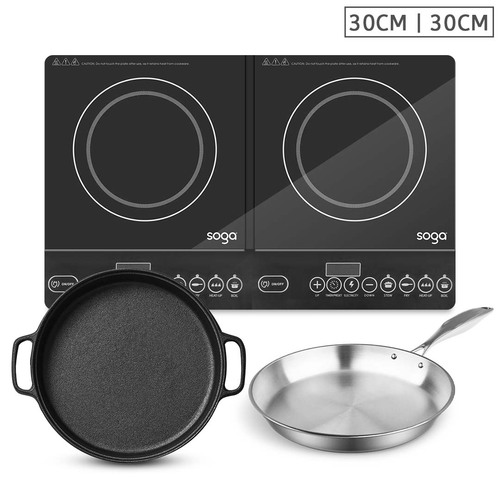 Dual Burners Cooktop Stove, 30cm Cast Iron Frying Pan Skillet and 30cm Induction Fry Pan