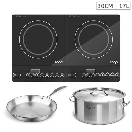 Dual Burners Cooktop Stove, 17L Stainless Steel Stockpot 28cm and 30cm Induction Fry Pan