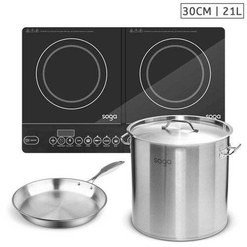 Dual Burners Cooktop Stove, 21L Stainless Steel Stockpot 30cm and 30cm Induction Fry Pan