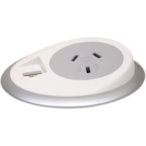 OE Elsafe: Pixel 1 x GPO / 1 x Data Coupler with 2000mm Lead with 10A three pin plug - White/Silver