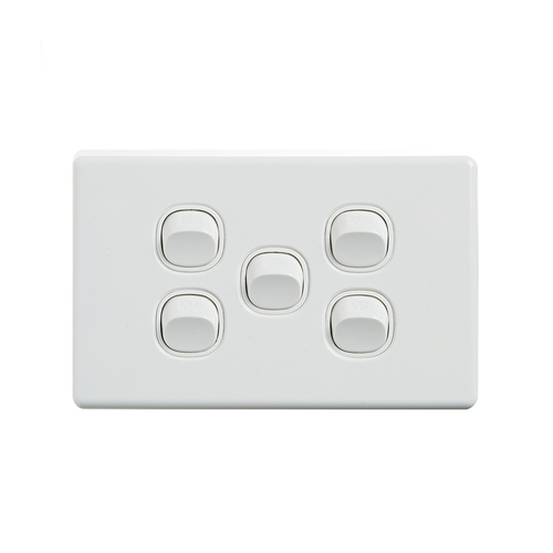 4C | Elegant Wall Switch 5 Gang 250V 16A - Horizontal - 10 Pack with 10 FREE C-Clips