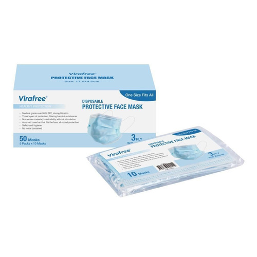 50 Pack VirafreeÂ® 3 Ply Disposable Protective Face Mask | Medical and Food grade