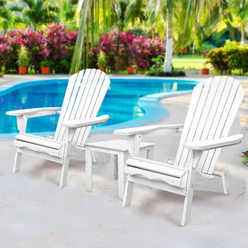 Gardeon 3 Piece Outdoor Adirondack Beach Chair and Table Set - White