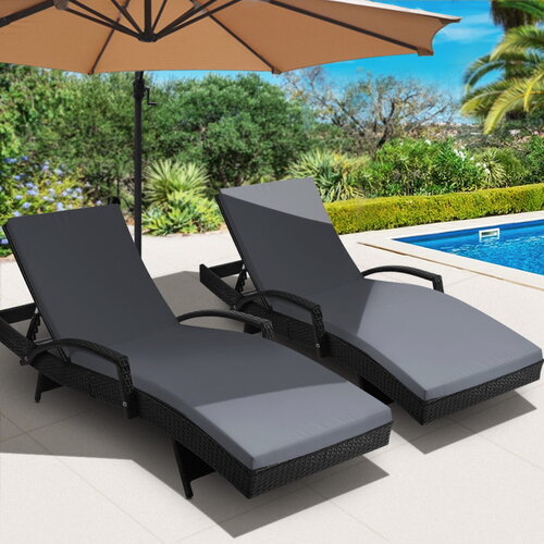 Set of 2 Outdoor Sun Lounge Chair with Cushion - Black