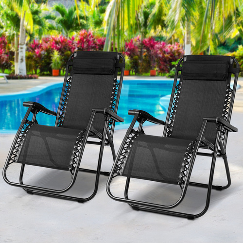 Set of 2 Zero Gravity Chairs Reclining Outdoor Furniture Sun Lounge Folding Camping Lounger Black