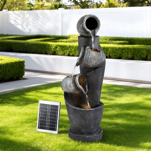 Solar Fountain Water Feature Cascading Fountain 3-Tier Pot LED Lights 80CM Grey
