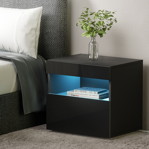 Artiss Bedside Tables Drawers Side Table RGB LED High Gloss Nightstand Black
