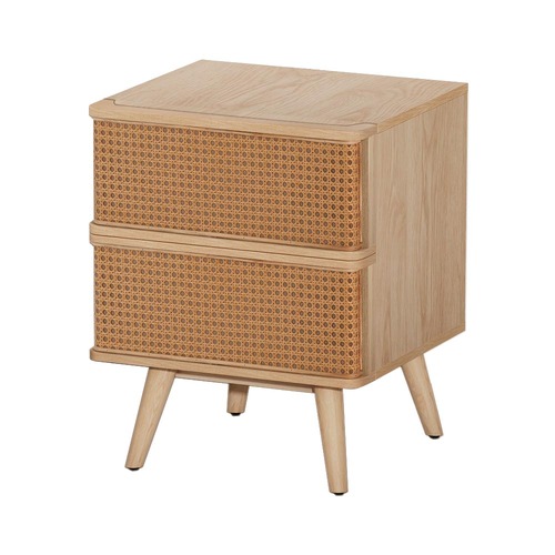 Bedside Table Rattan Side End Table 2 Drawers Nightstand Bedroom Storage