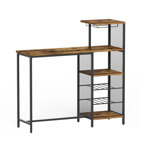 Artiss Industrial Bar Table with Wine Rack Cup Holder Multi-Level Storage 122cm Walnut