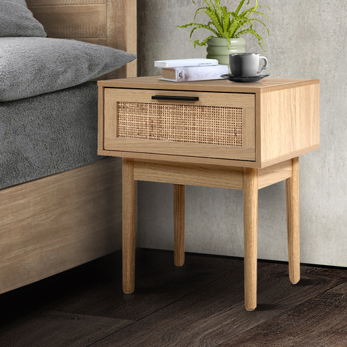 Abington Bedside Tables Table 1 Drawer Storage Cabinet Rattan Wood Nightstand